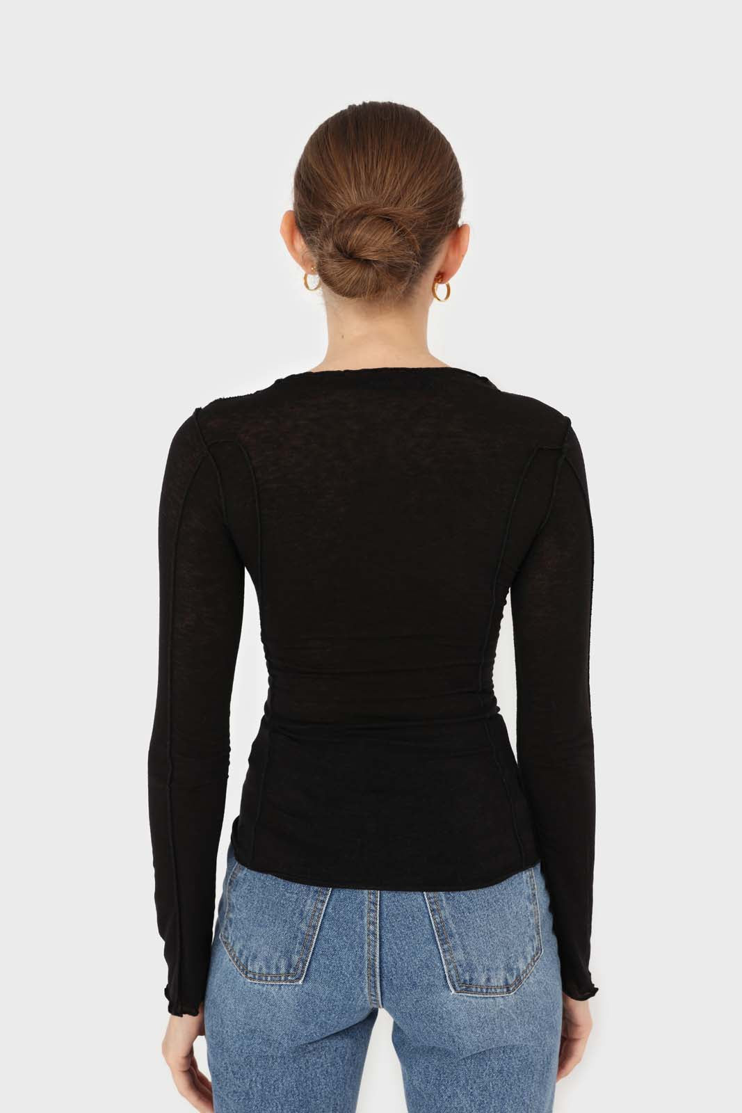 Black jersey frill seam long sleeved top