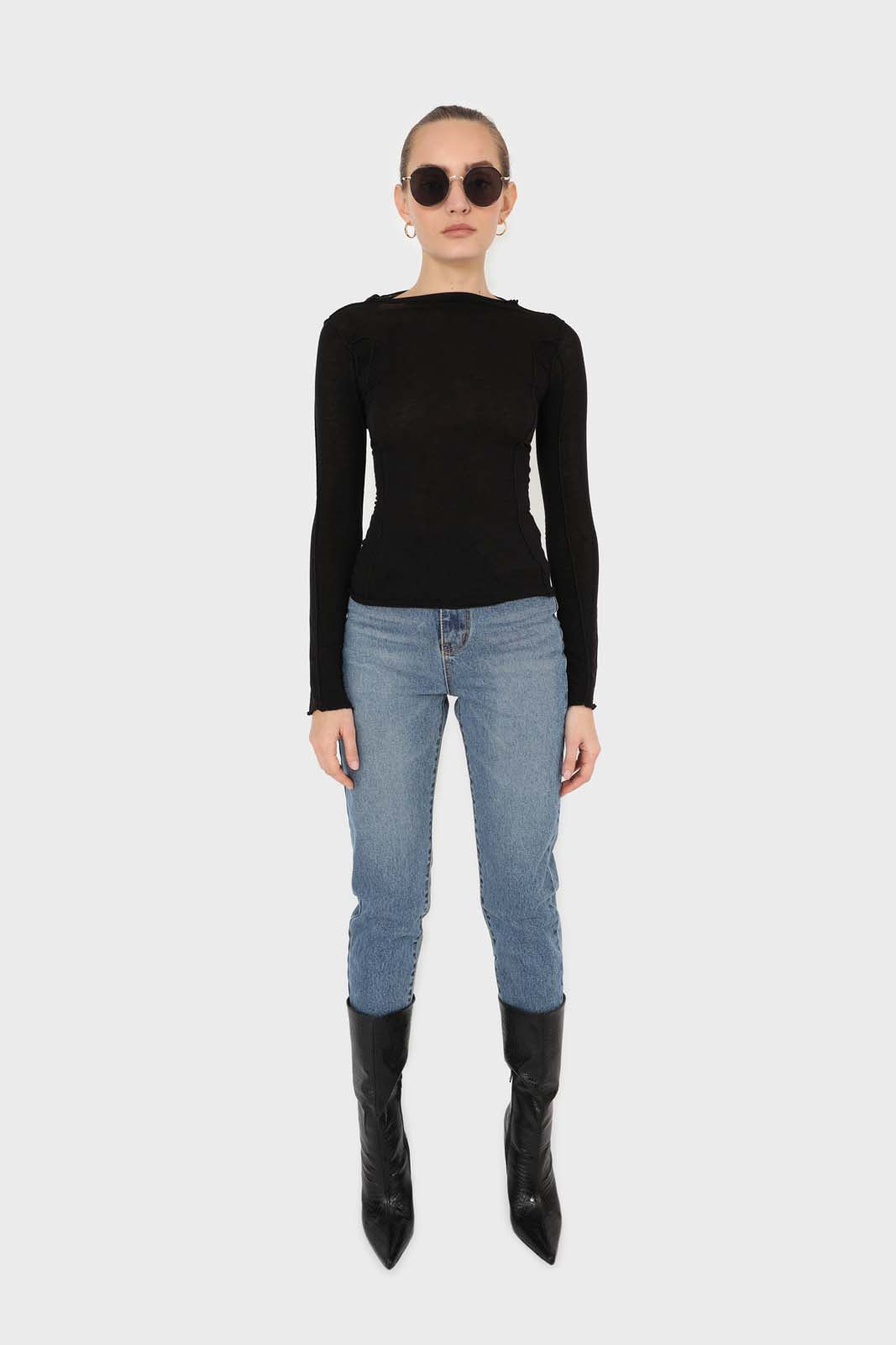 Black jersey frill seam long sleeved top