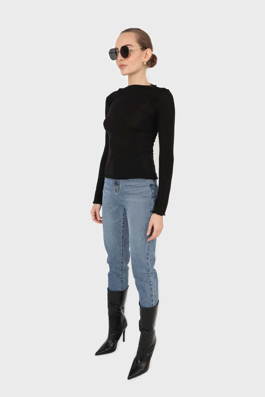 Black jersey frill seam long sleeved top