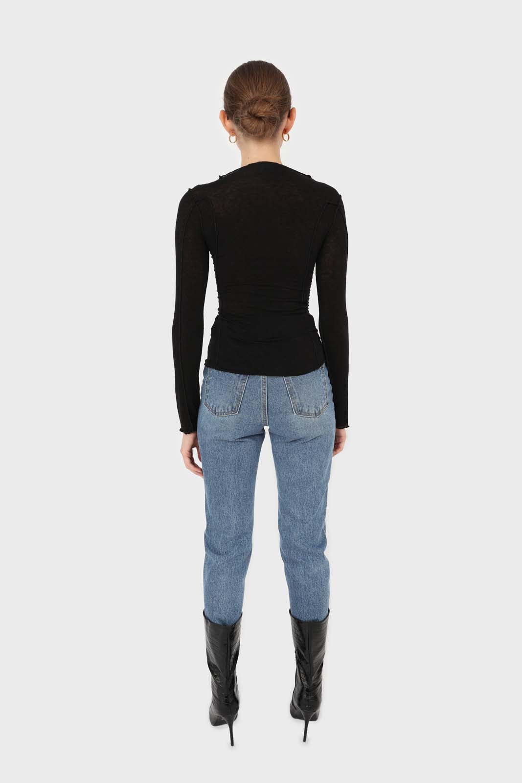 Black jersey frill seam long sleeved top