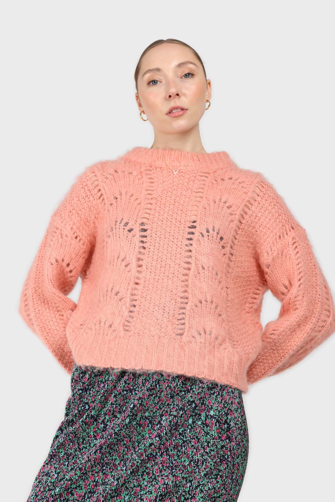 Pink lace knit fuzzy jumper