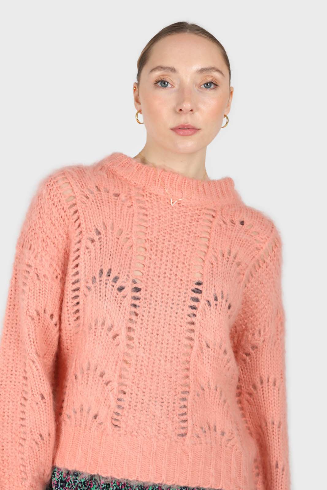 Pink lace knit fuzzy jumper