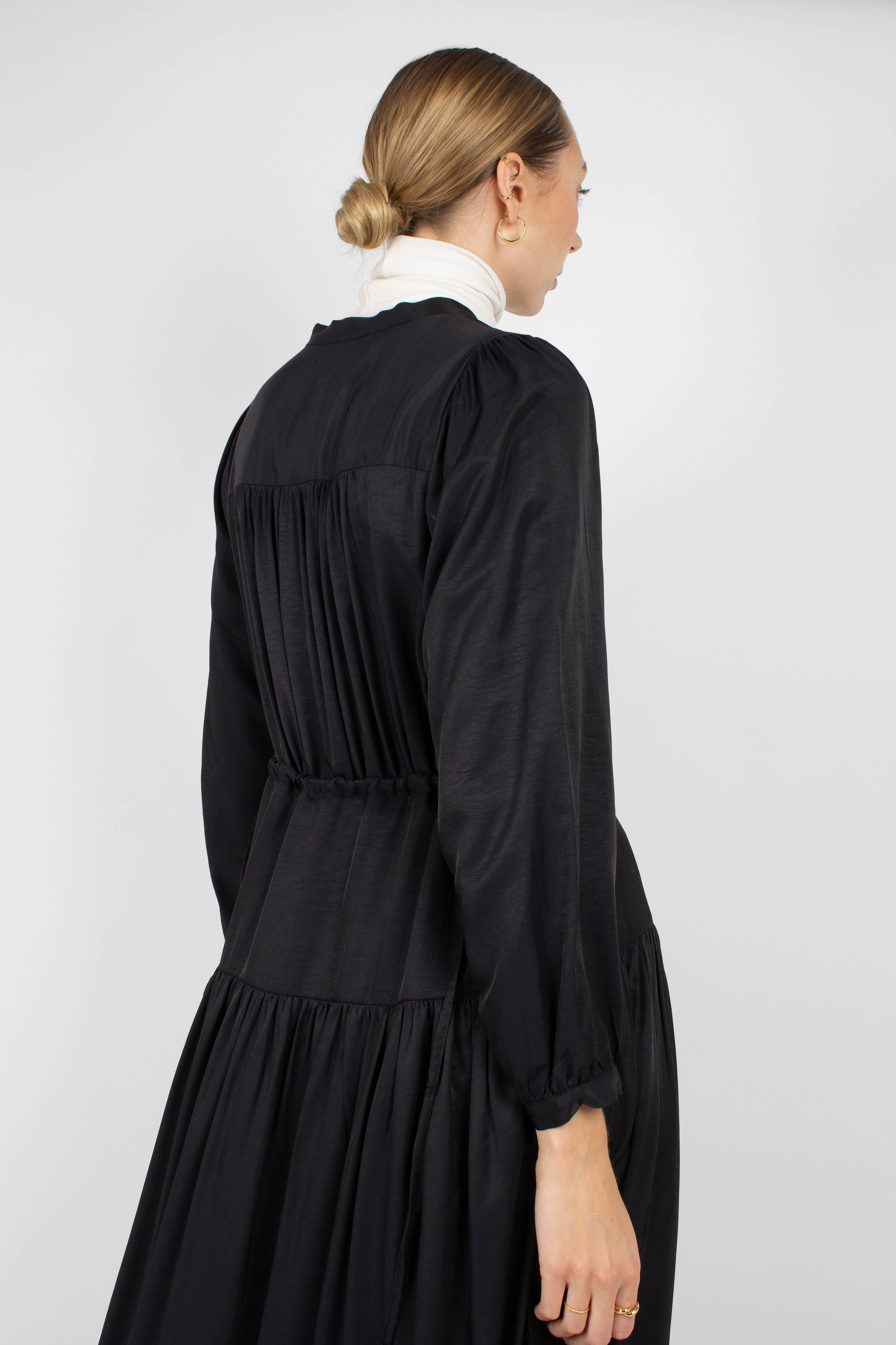 Black drawstring waist satin maxi dress