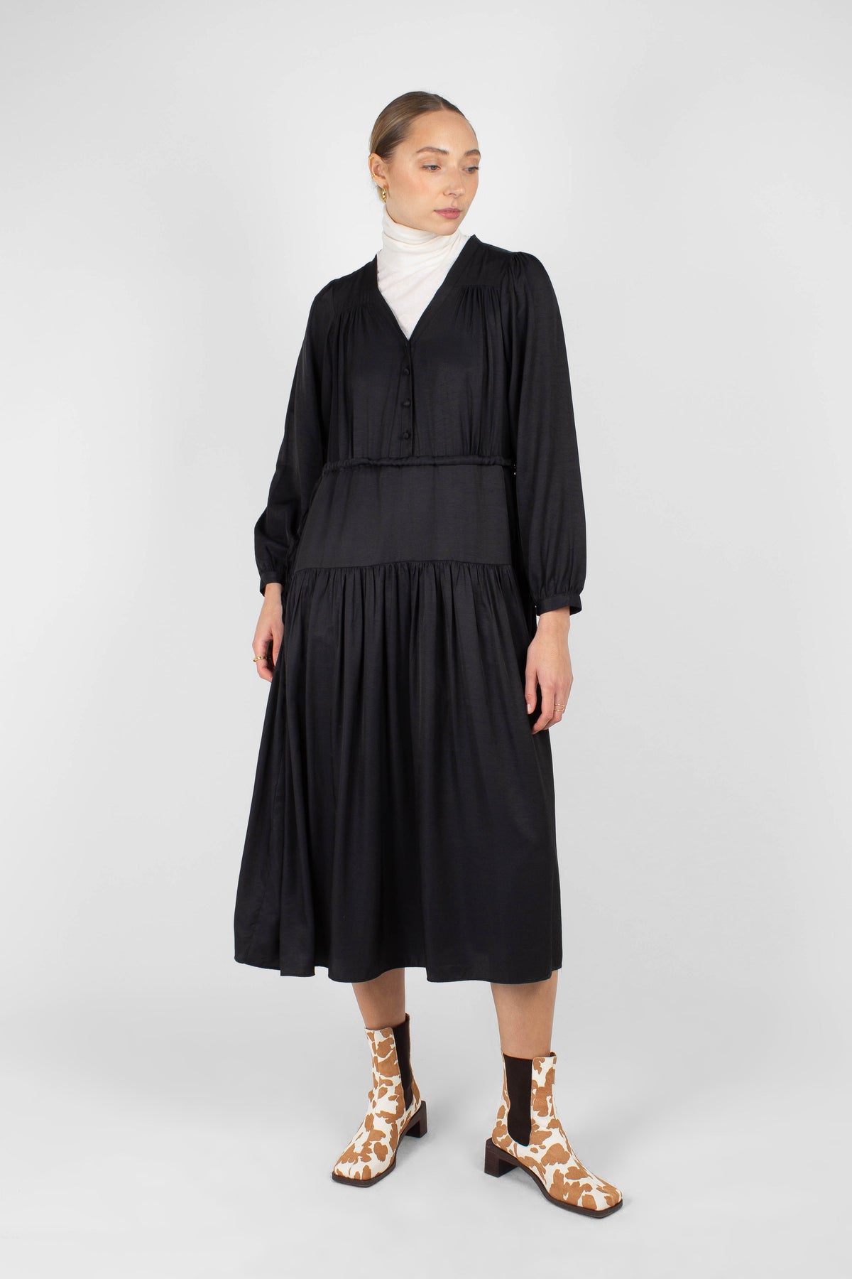 Black drawstring waist satin maxi dress
