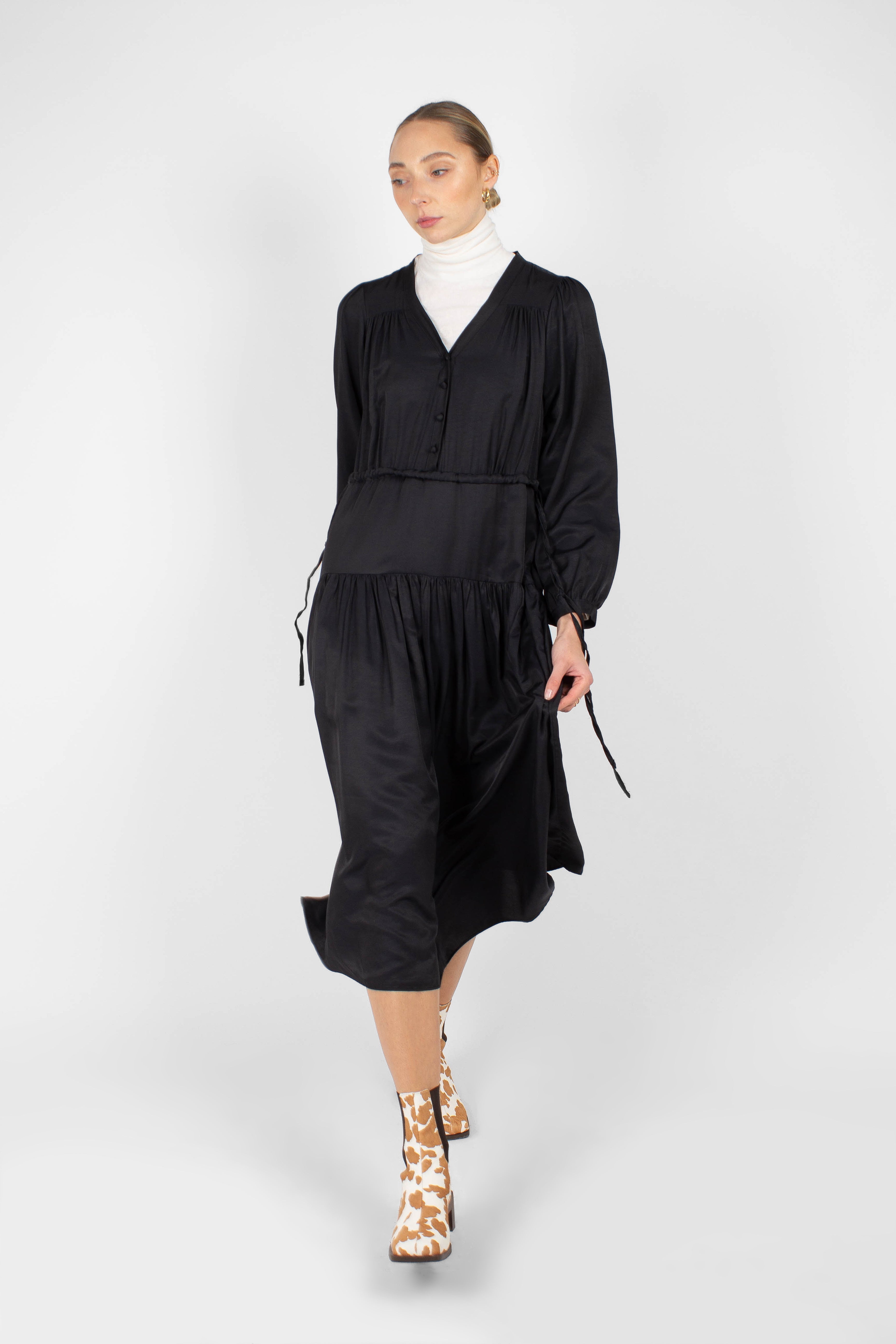 Black drawstring waist satin maxi dress