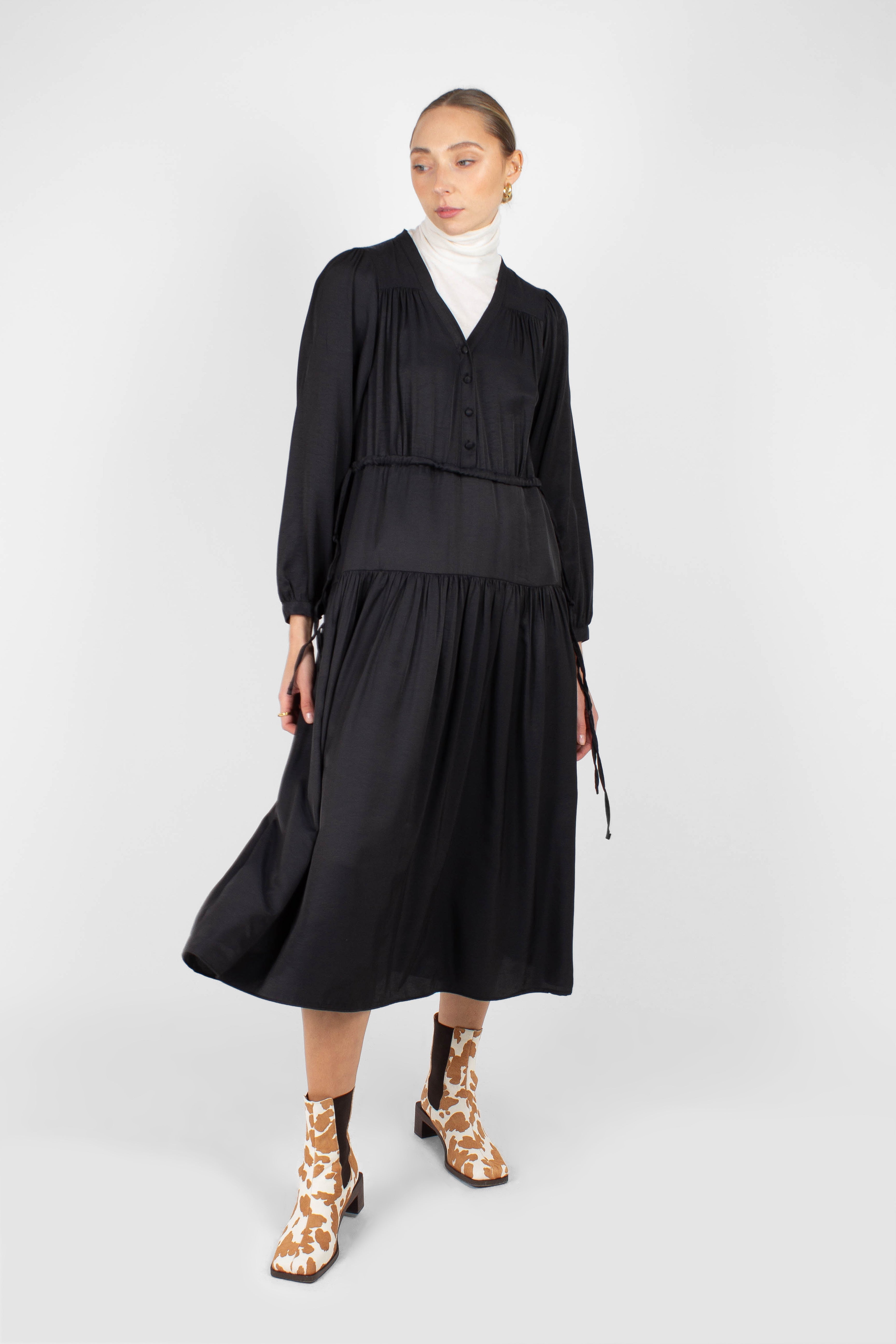 Black drawstring waist satin maxi dress