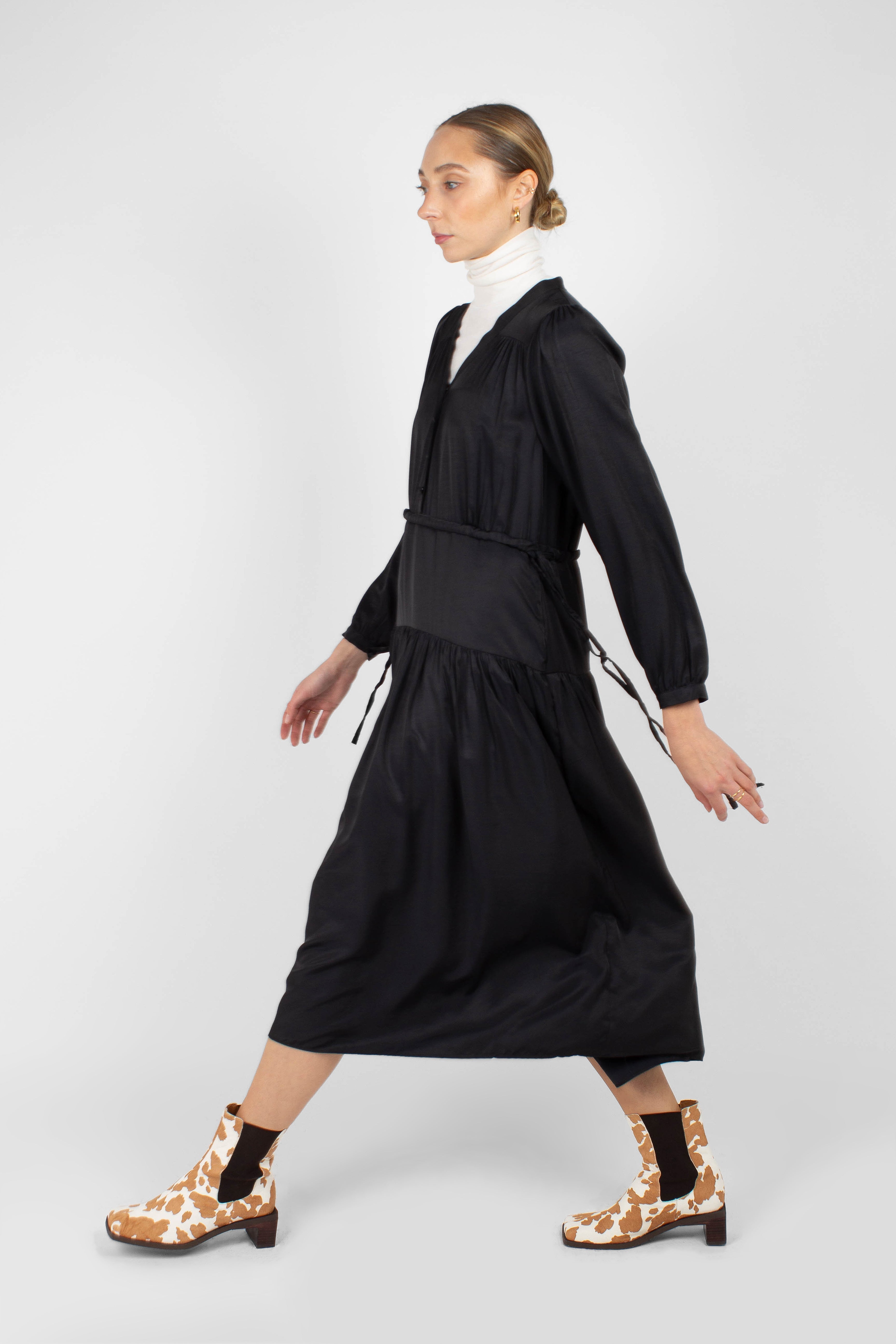 Black drawstring waist satin maxi dress