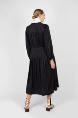 Black drawstring waist satin maxi dress