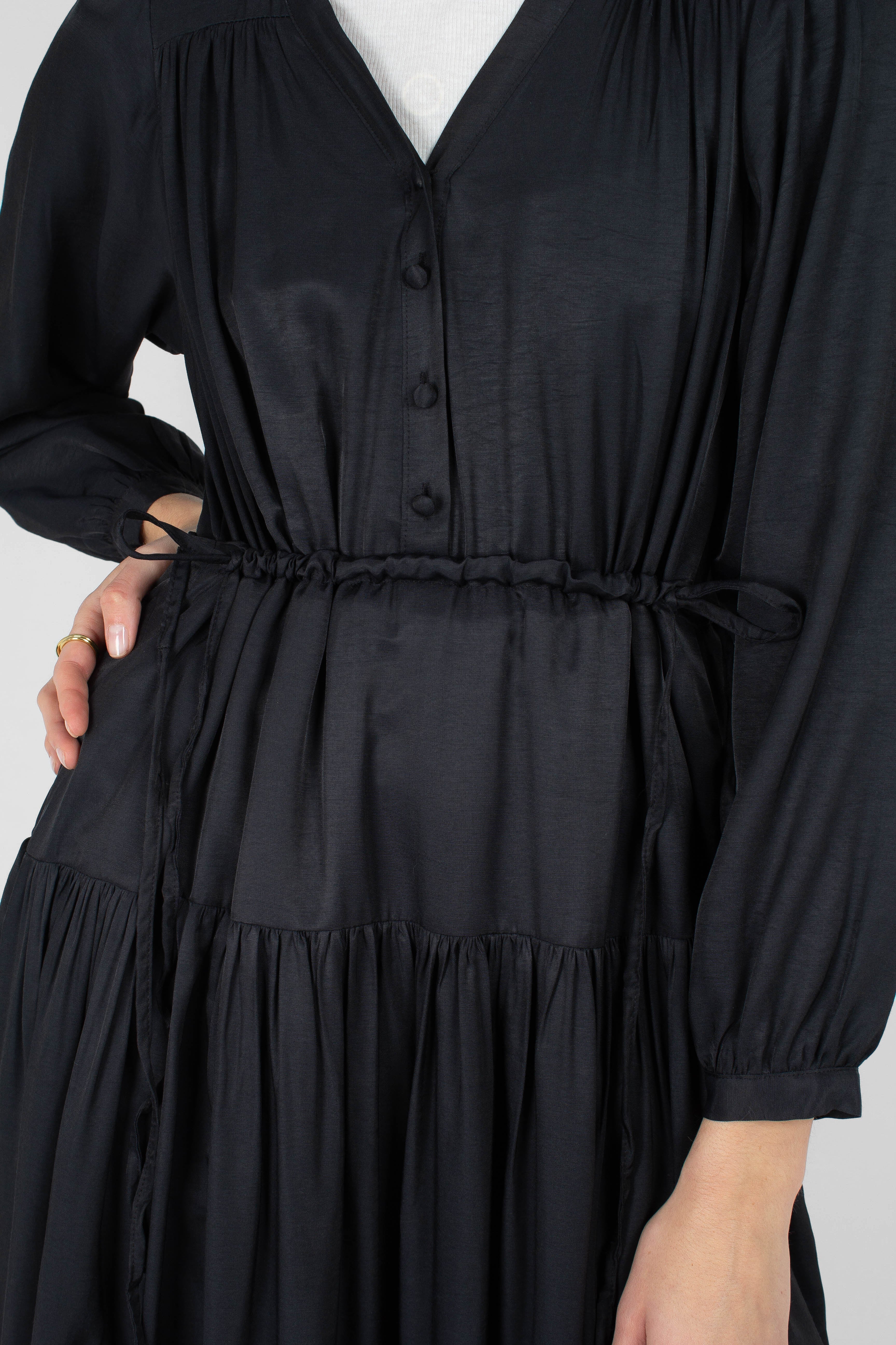 Black drawstring waist satin maxi dress