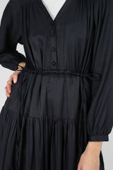 Black drawstring waist satin maxi dress