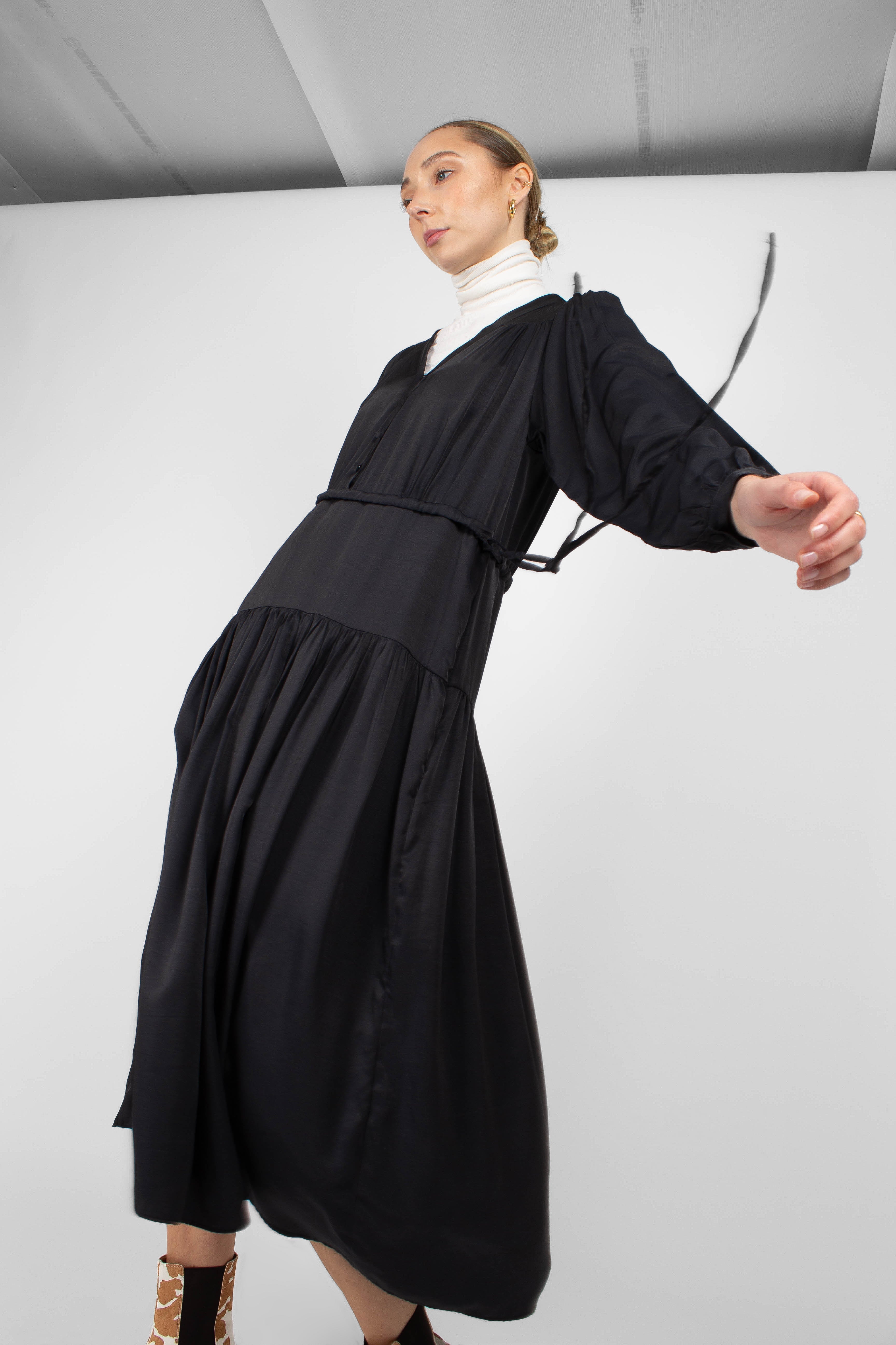 Black drawstring waist satin maxi dress