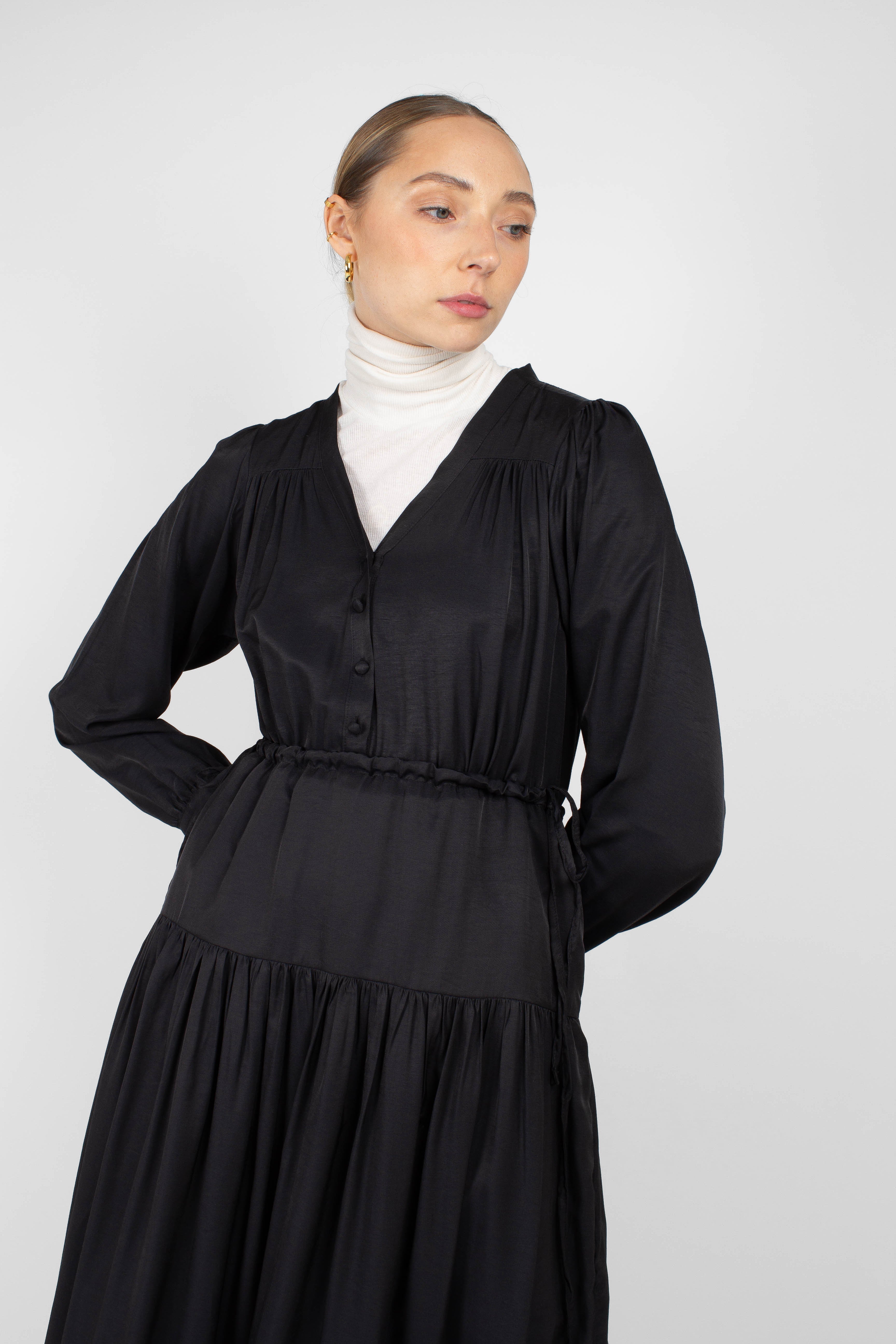 Black drawstring waist satin maxi dress