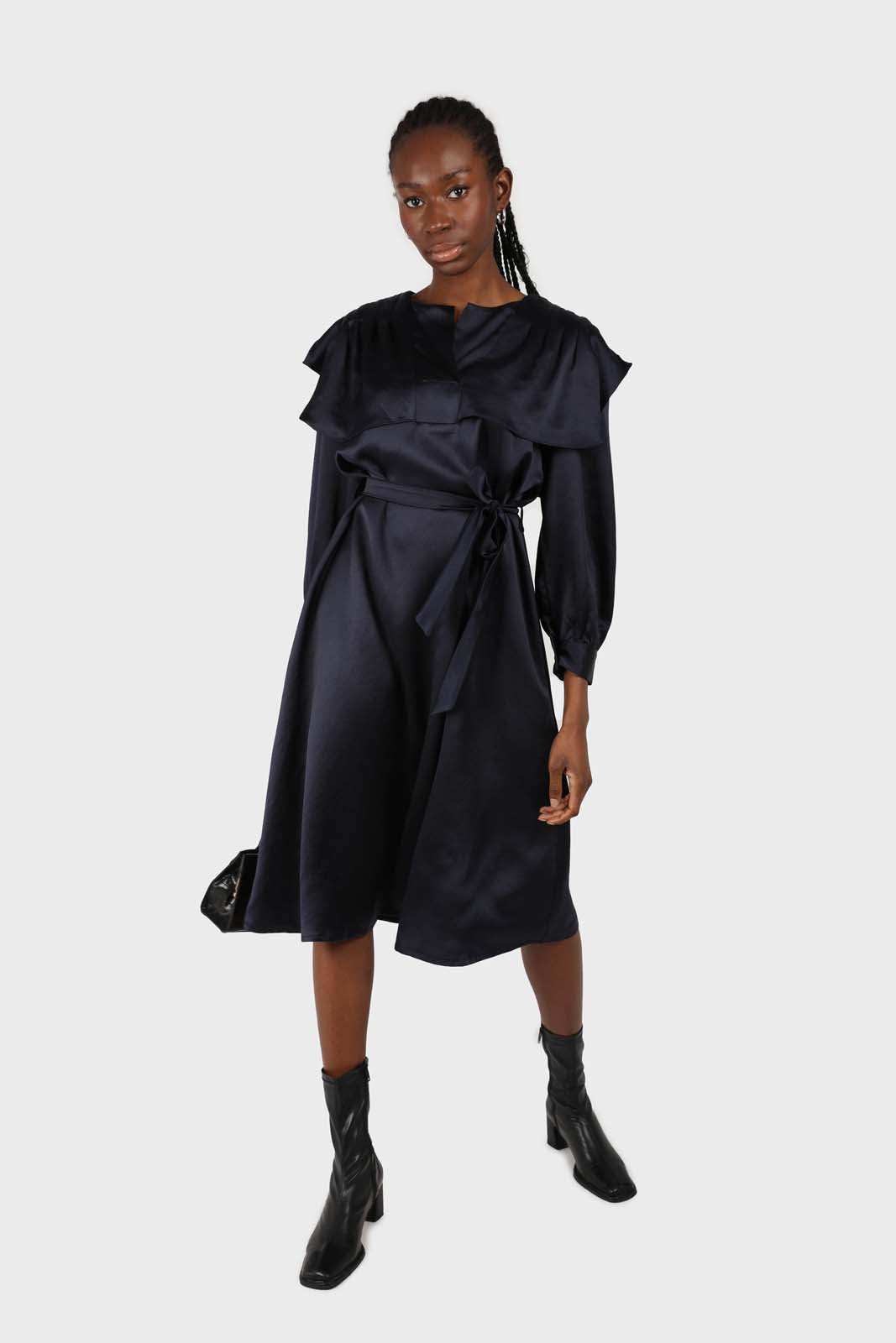 Navy silky wide collar maxi dress