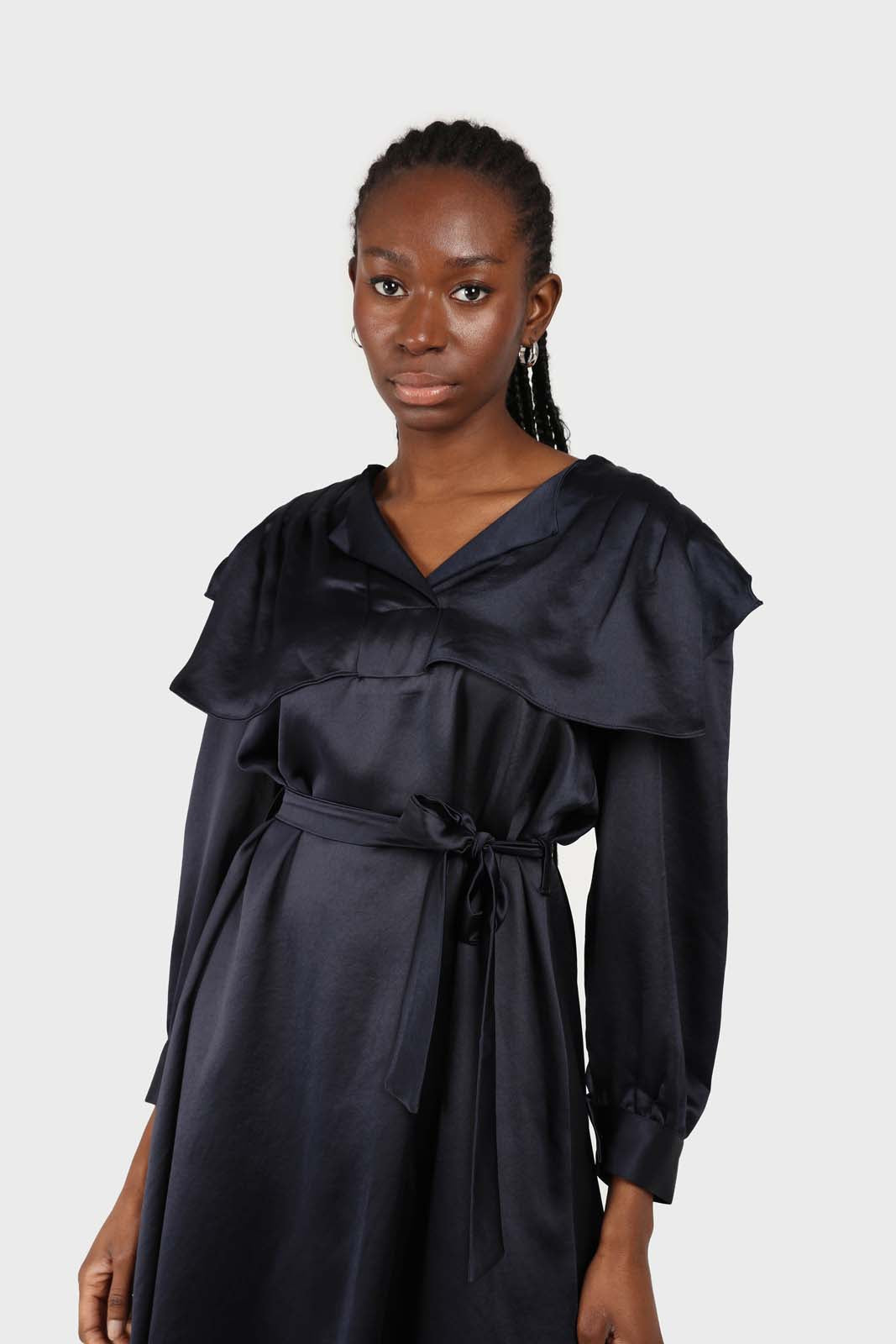 Navy silky wide collar maxi dress