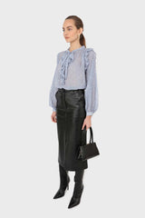 Light blue splatter print ruffled micropleat blouse