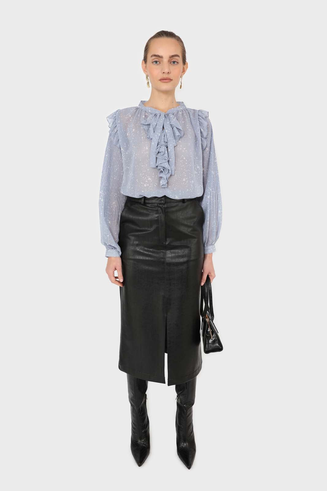 Light blue splatter print ruffled micropleat blouse