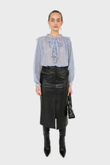 Light blue splatter print ruffled micropleat blouse