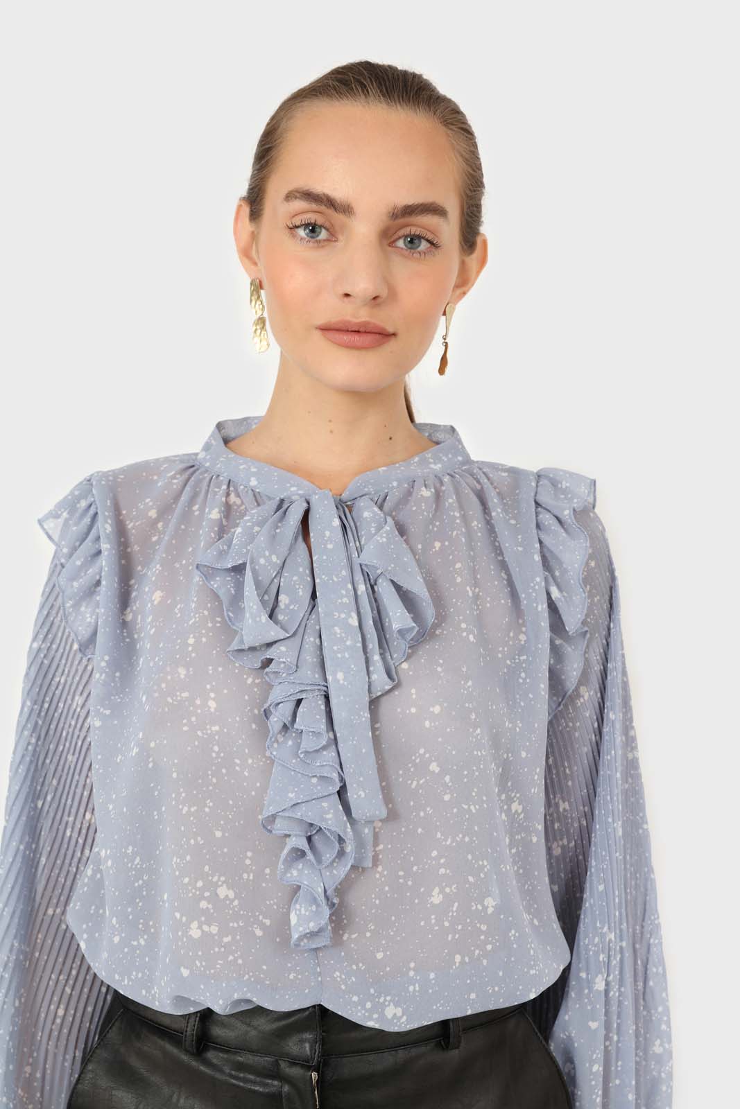 Light blue splatter print ruffled micropleat blouse