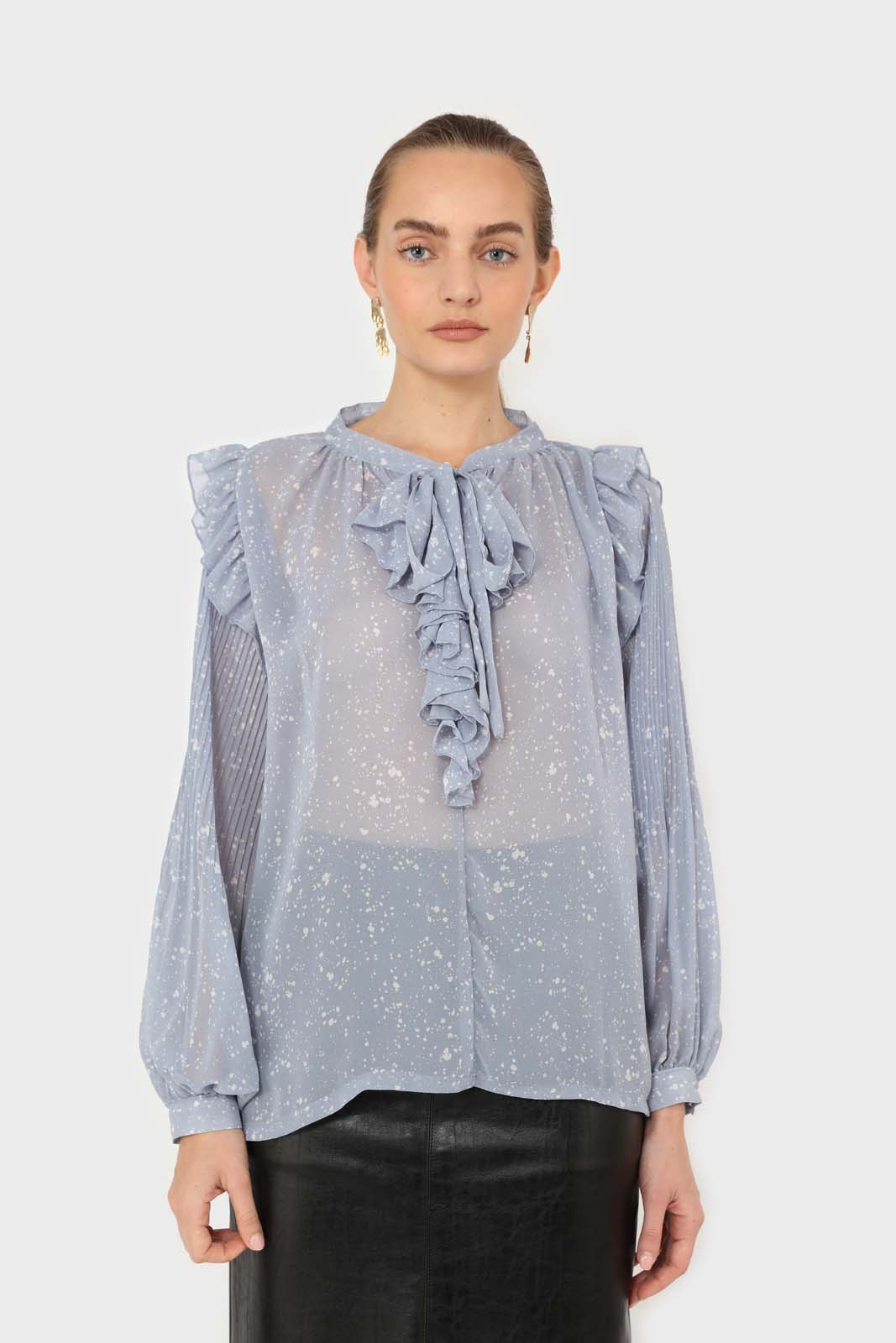 Light blue splatter print ruffled micropleat blouse