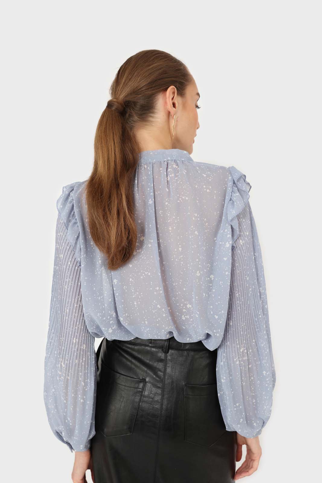 Light blue splatter print ruffled micropleat blouse