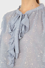 Light blue splatter print ruffled micropleat blouse