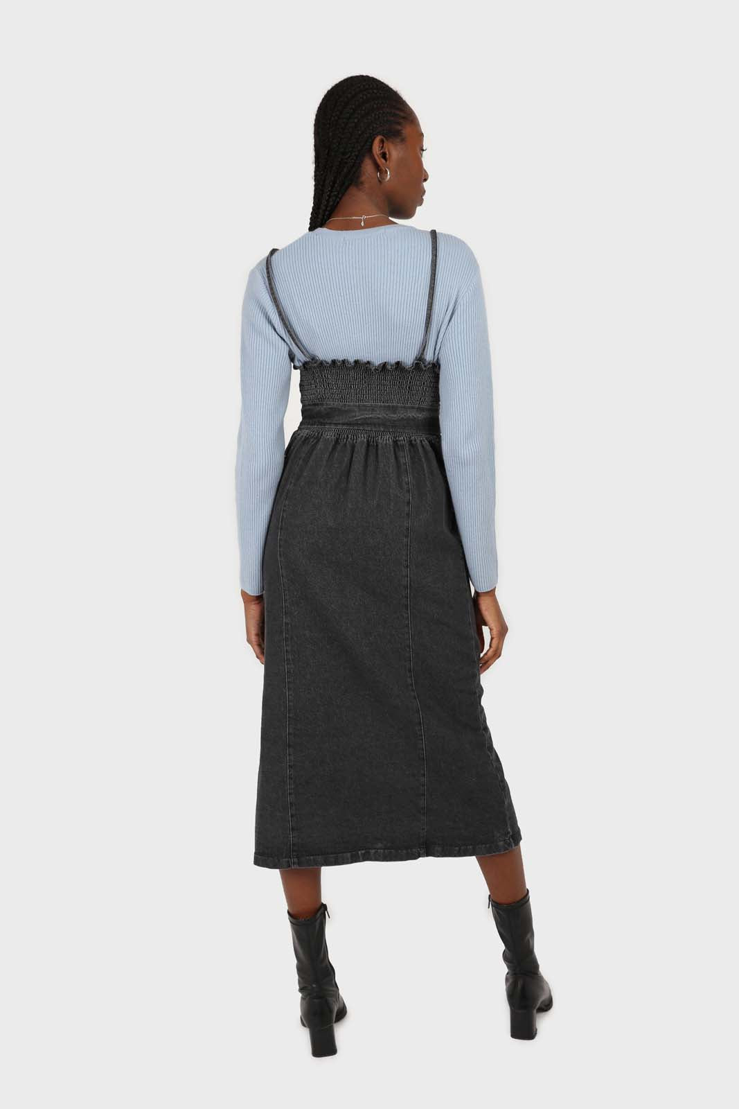 Washed black denim button front maxi dress