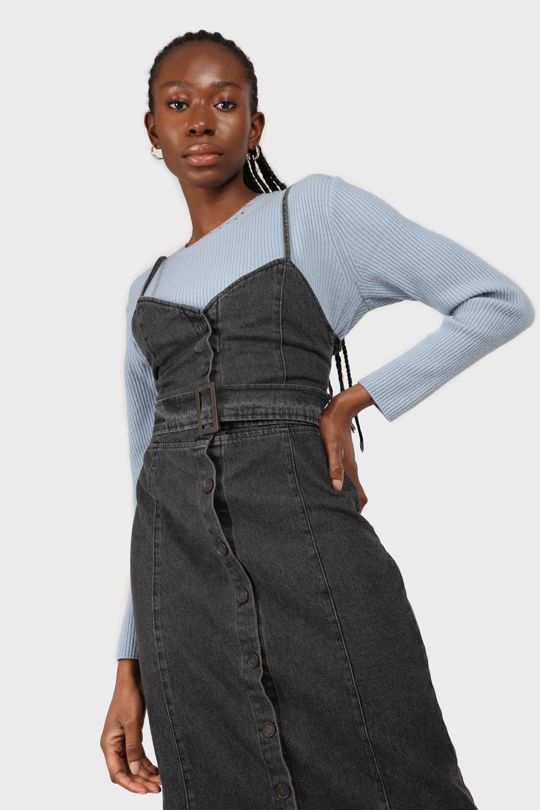 Washed black denim button front maxi dress