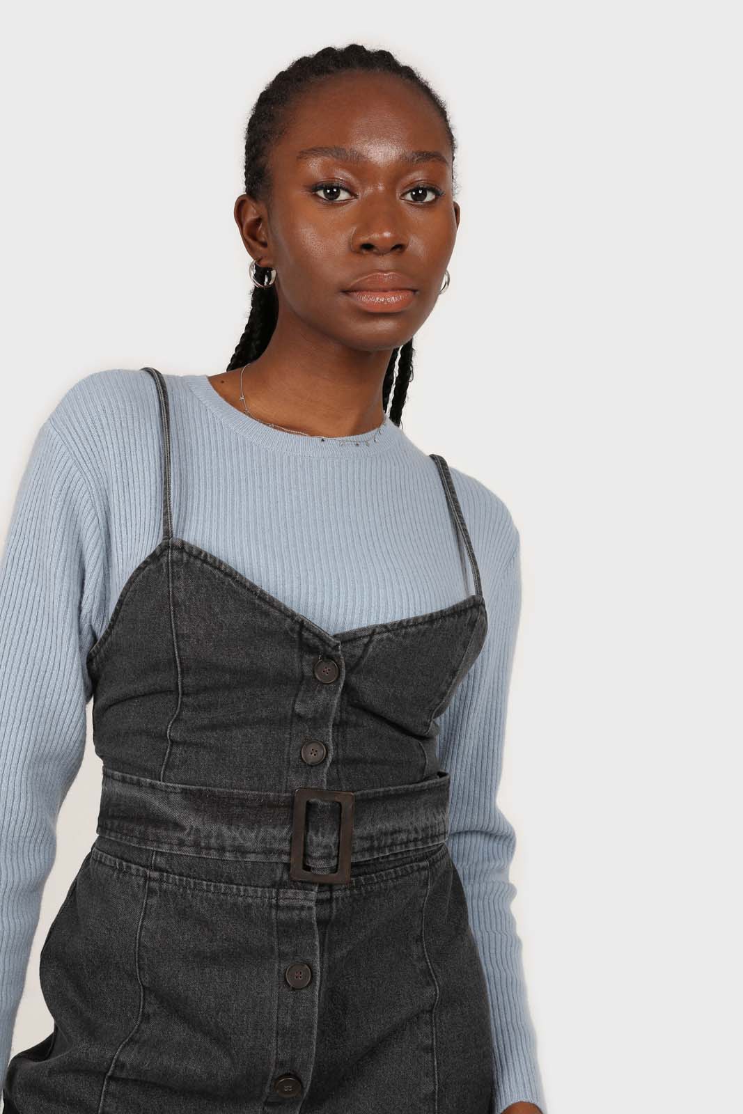 Washed black denim button front maxi dress