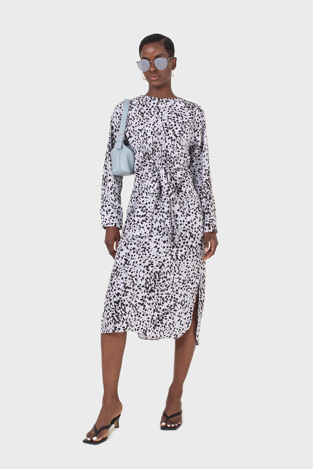 Light blue animal print cross over waist maxi dress