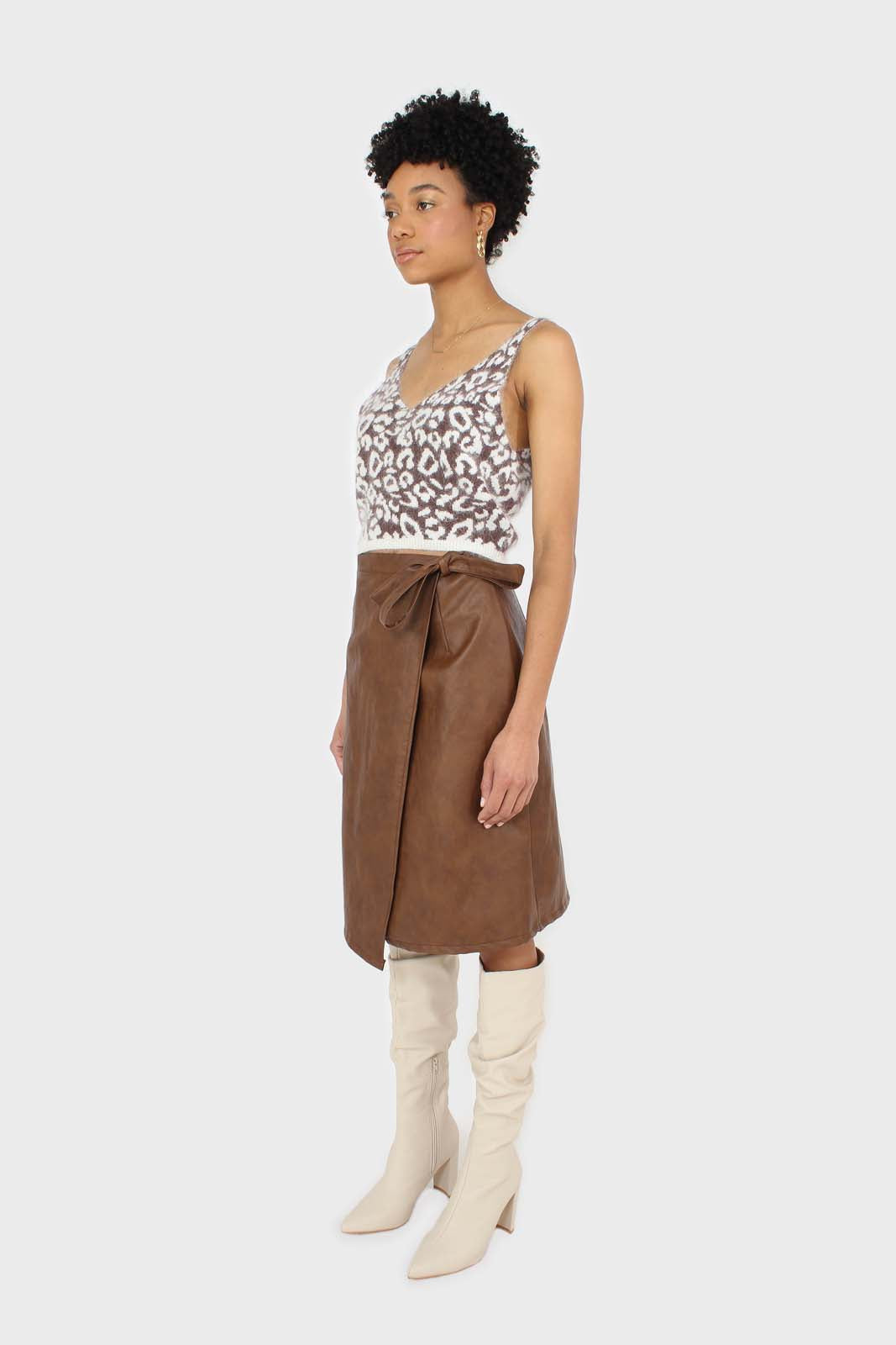 Brown vegan leather wrap midi skirt