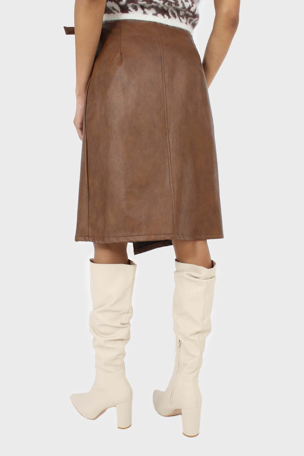Brown vegan leather wrap midi skirt