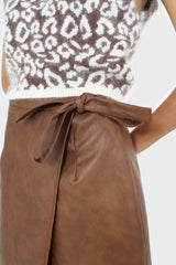 Brown vegan leather wrap midi skirt
