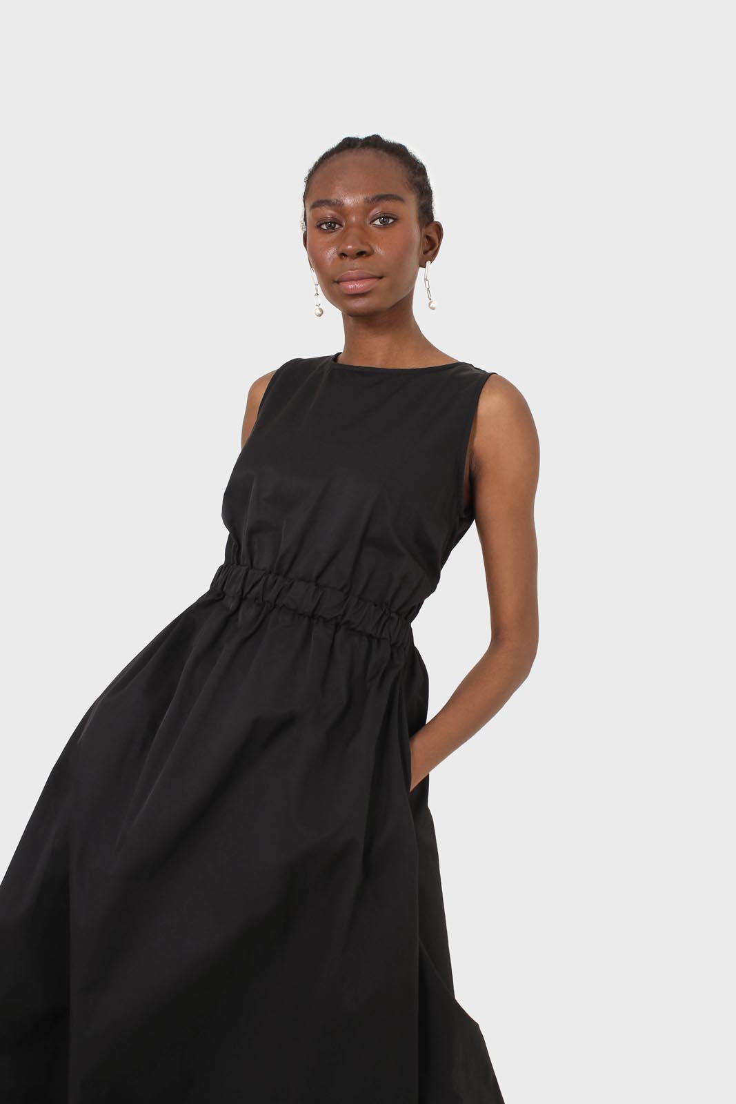 Black sleeveless flare open back maxi dress