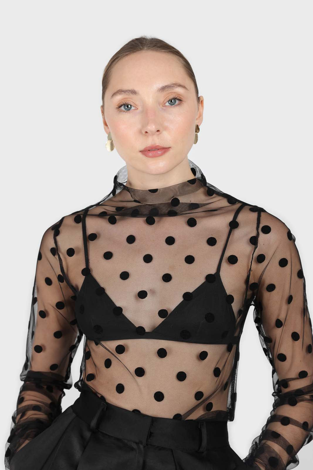 Black sheer polka dot long sleeved top