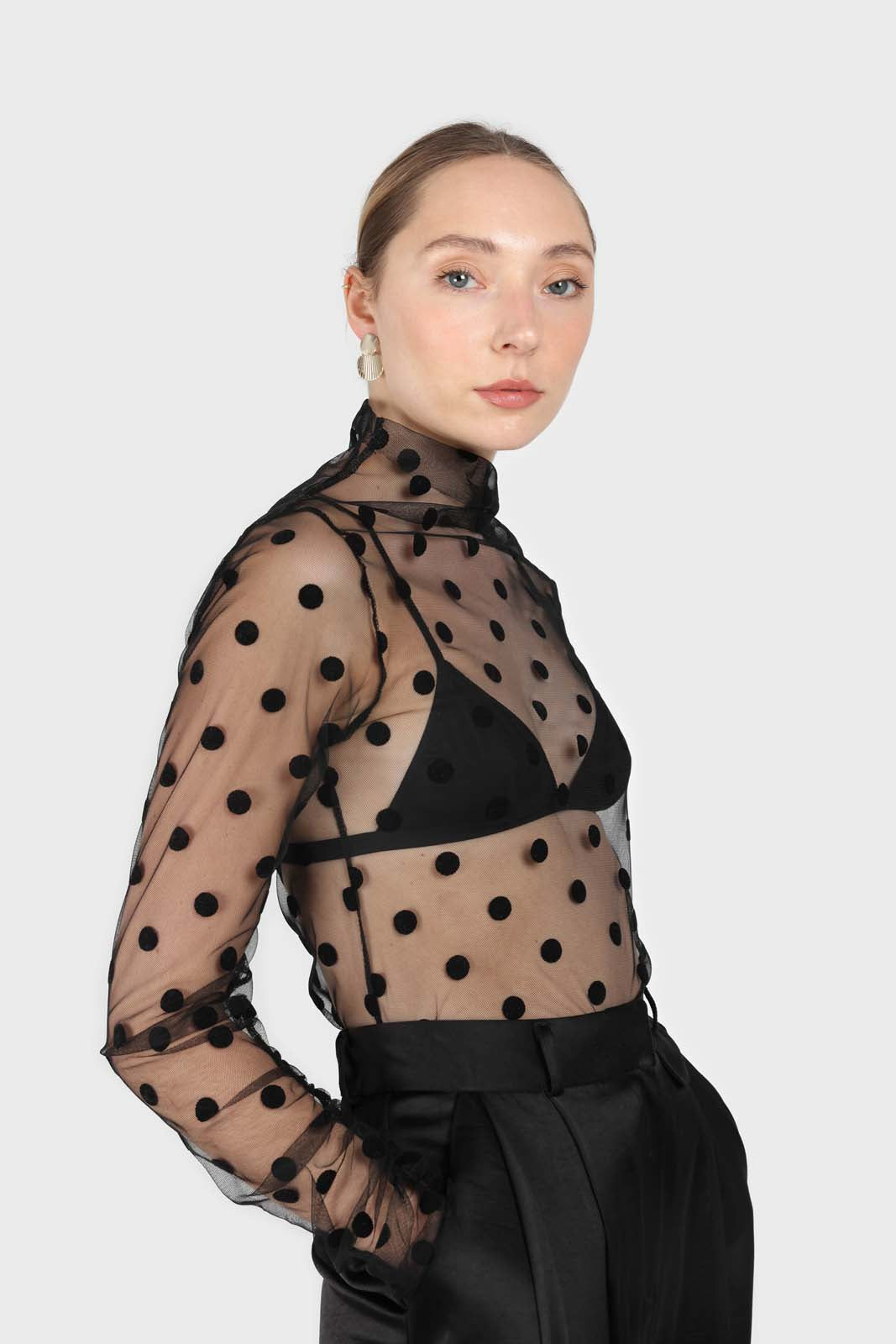 Black sheer polka dot long sleeved top