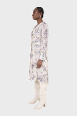 Beige and lilac floral print pull front pleat skirt maxi dress