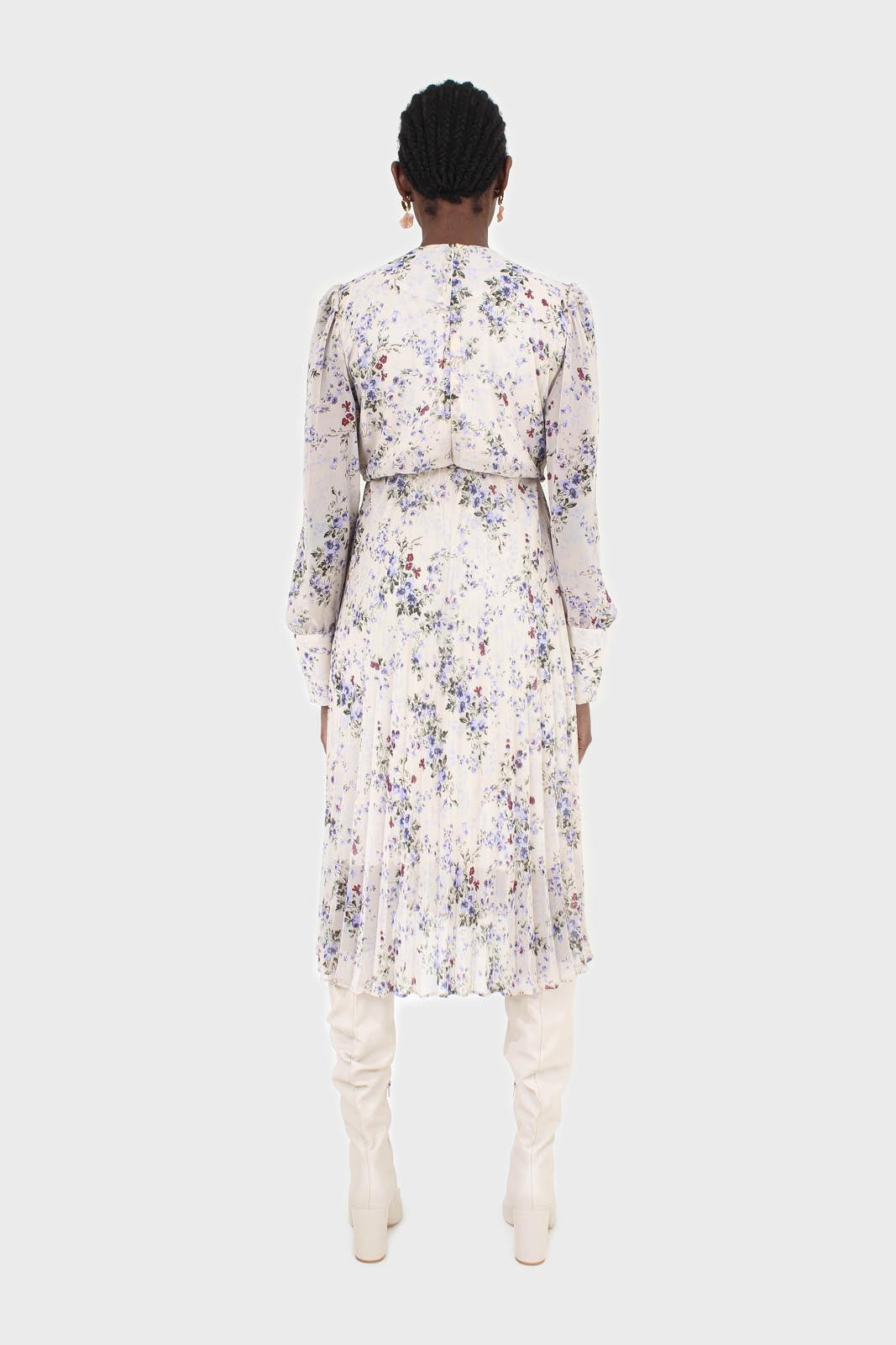 Beige and lilac floral print pull front pleat skirt maxi dress