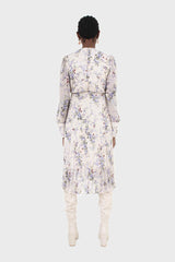 Beige and lilac floral print pull front pleat skirt maxi dress