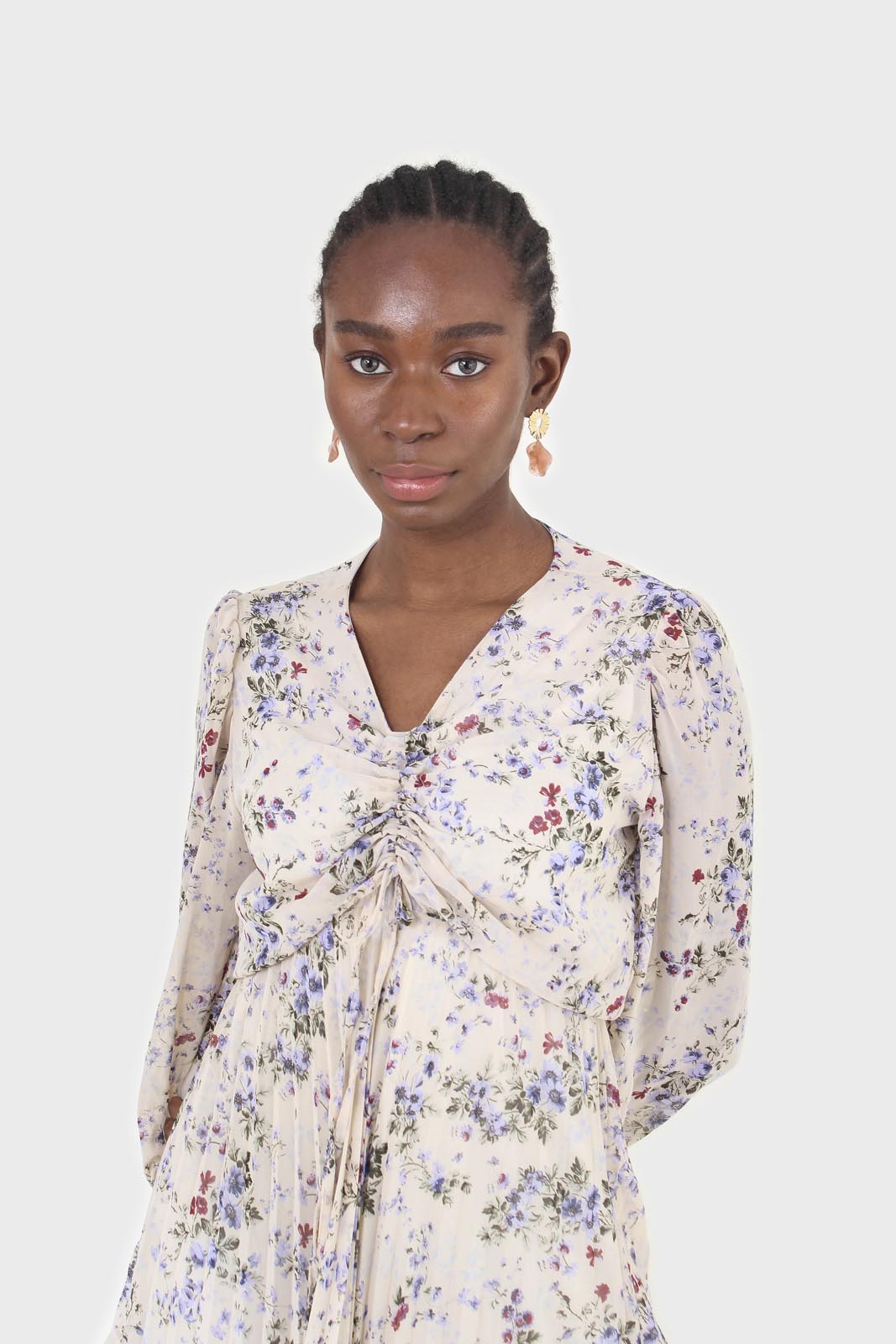 Beige and lilac floral print pull front pleat skirt maxi dress