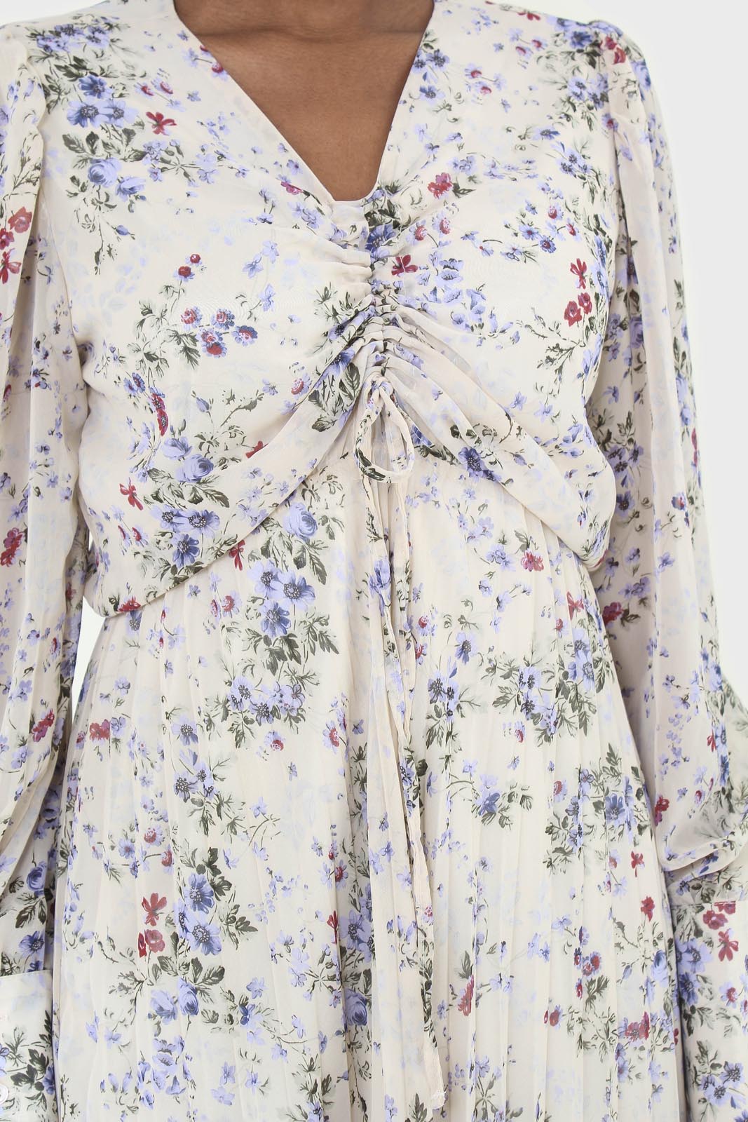 Beige and lilac floral print pull front pleat skirt maxi dress