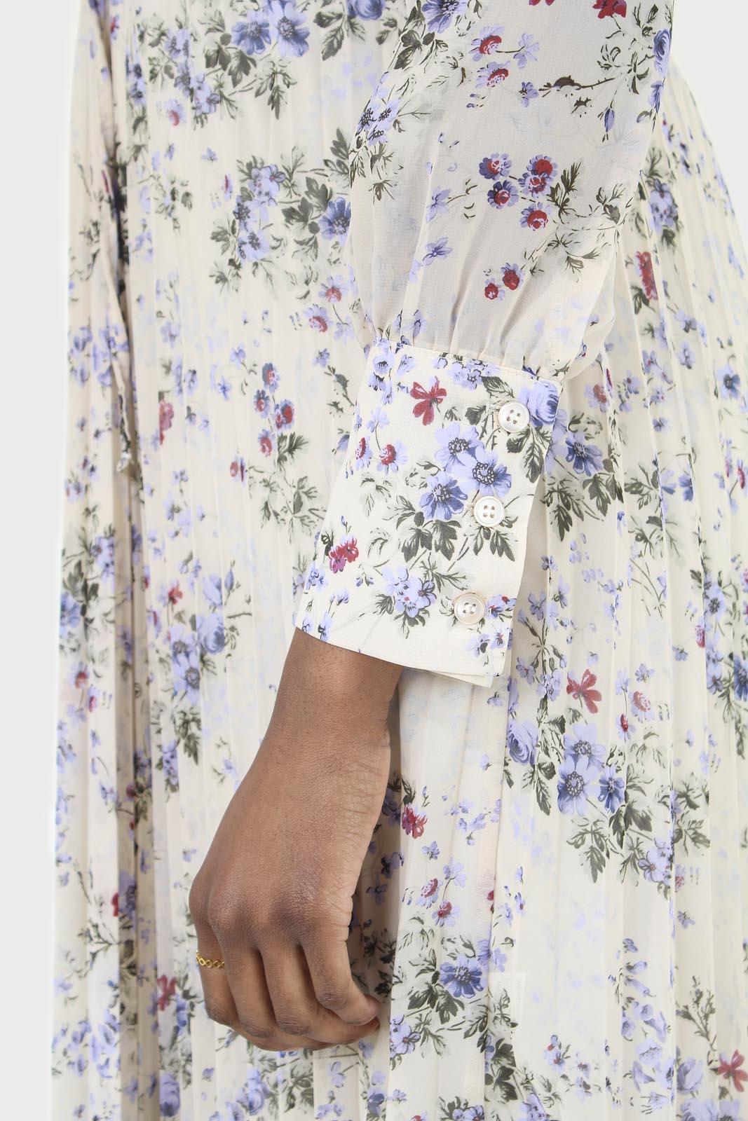 Beige and lilac floral print pull front pleat skirt maxi dress