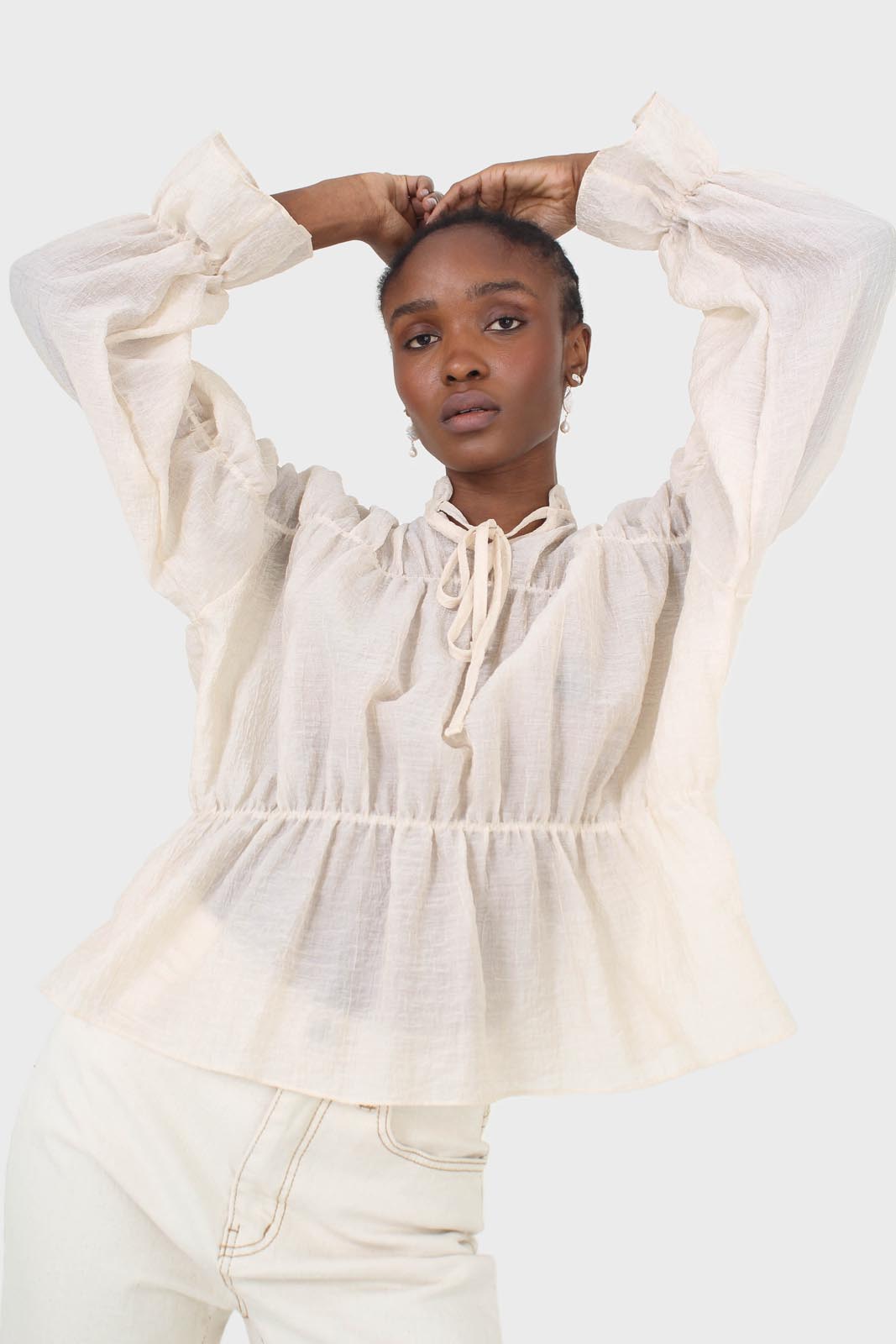 Beige sheer frill cuff tiered blouse