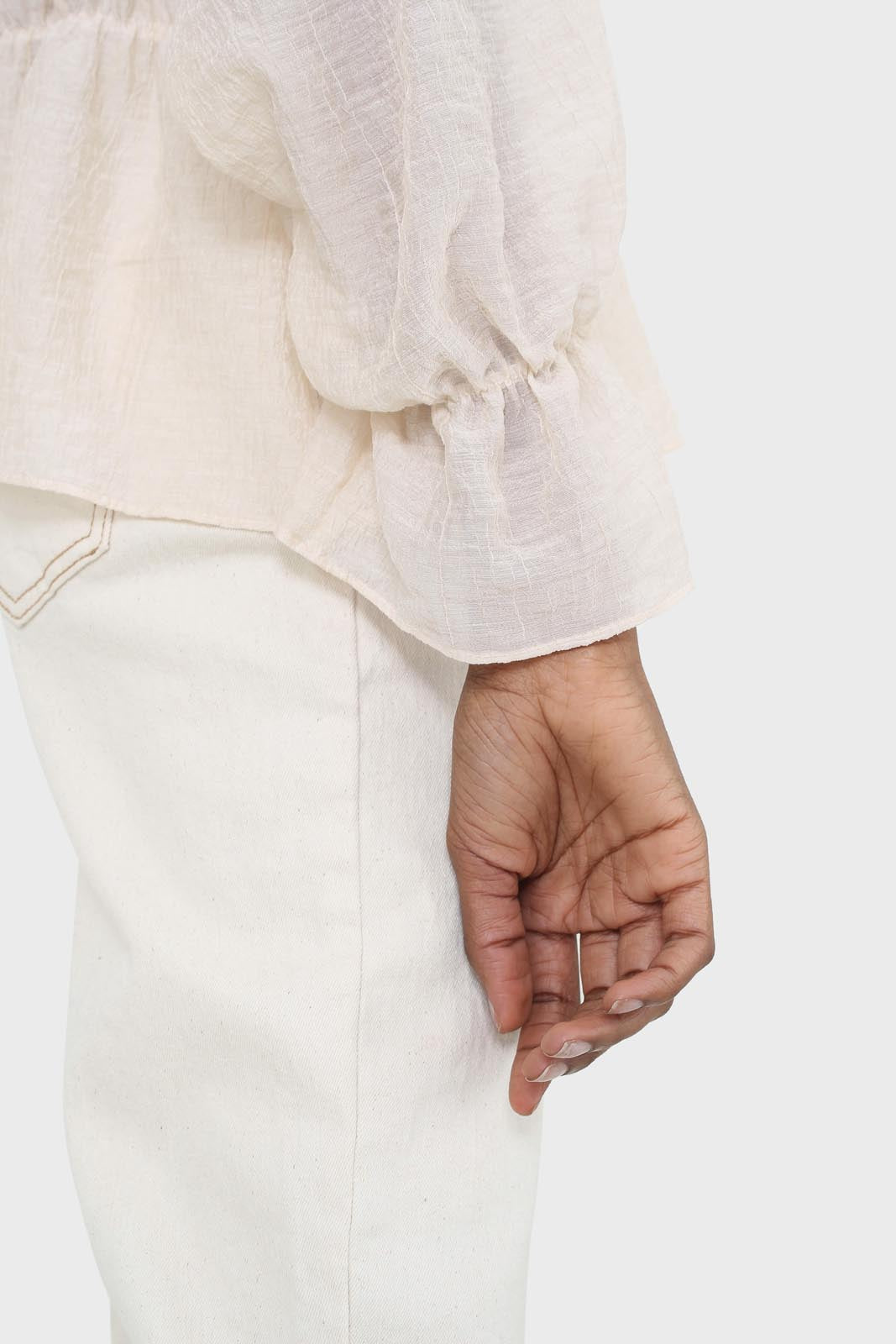 Beige sheer frill cuff tiered blouse