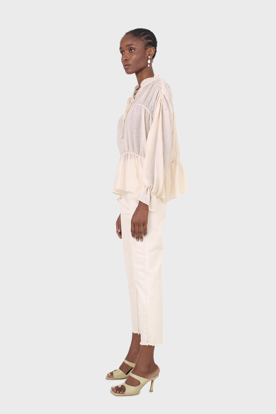Beige sheer frill cuff tiered blouse