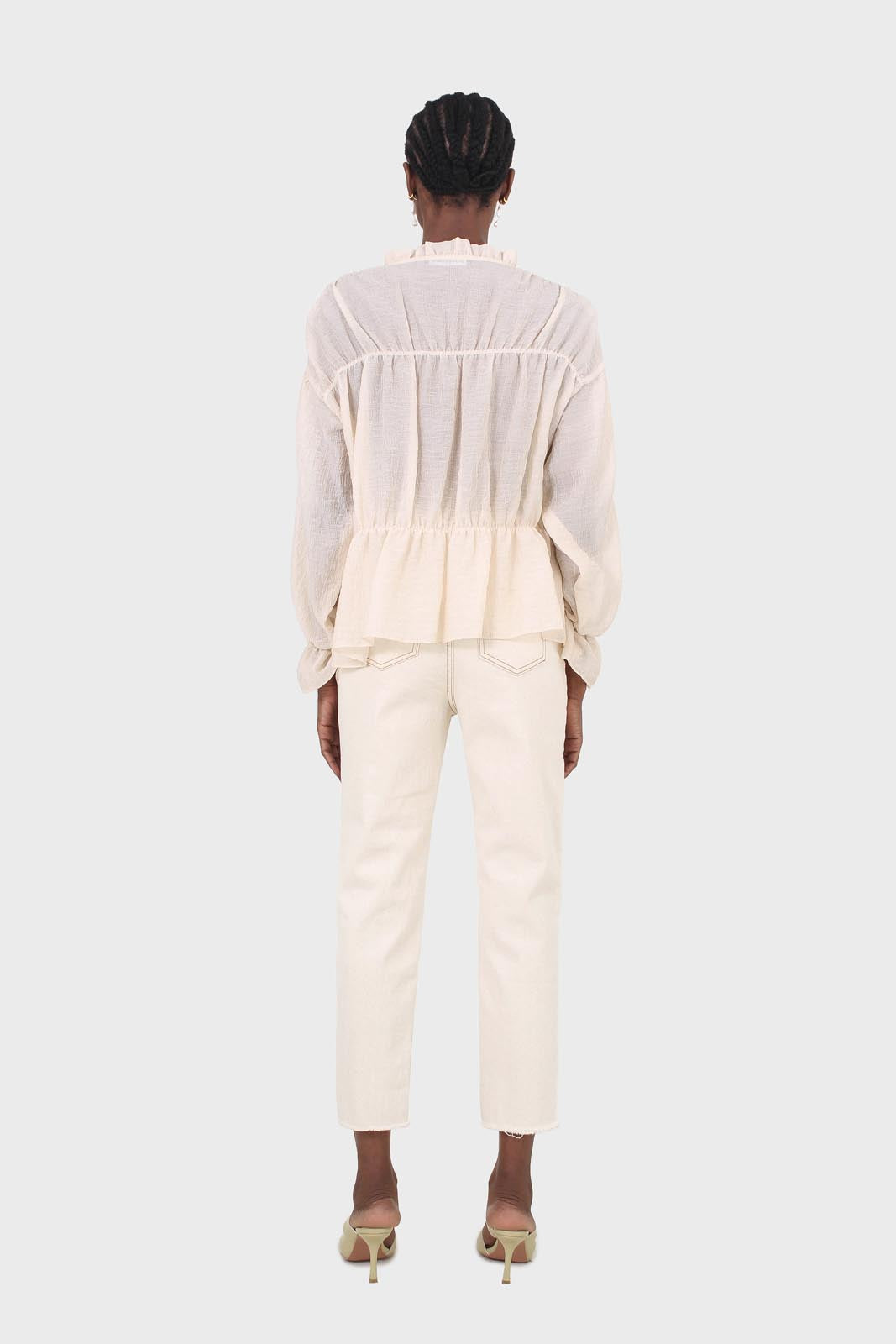 Beige sheer frill cuff tiered blouse