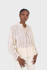 Beige sheer frill cuff tiered blouse