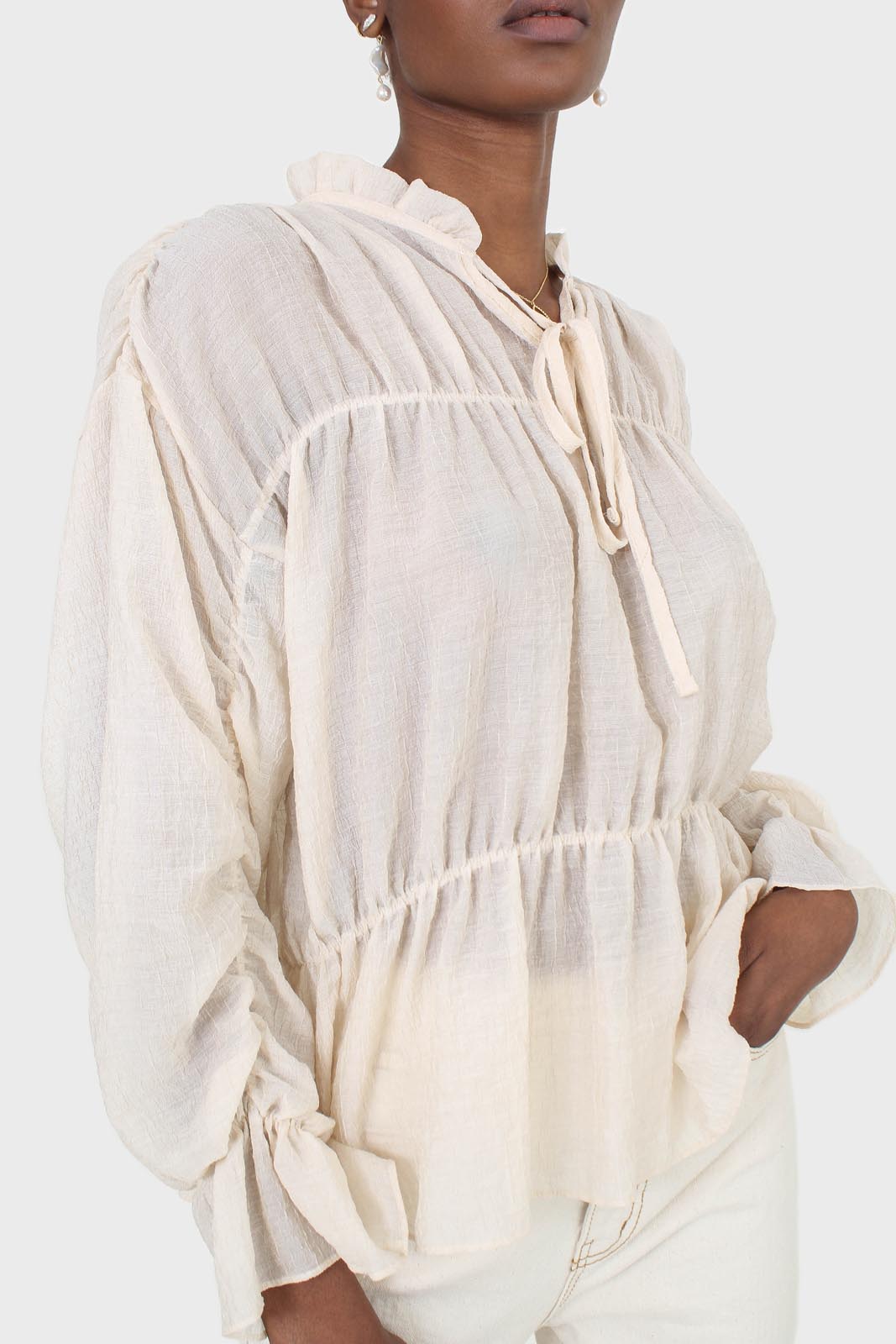Beige sheer frill cuff tiered blouse