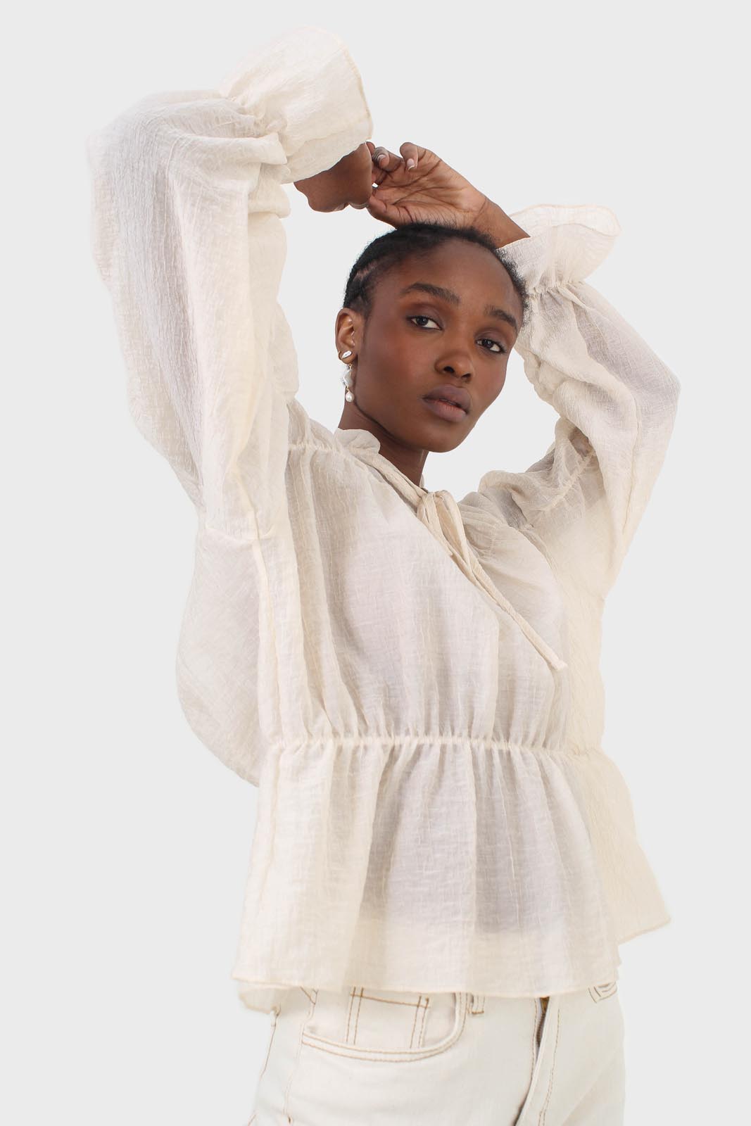 Beige sheer frill cuff tiered blouse