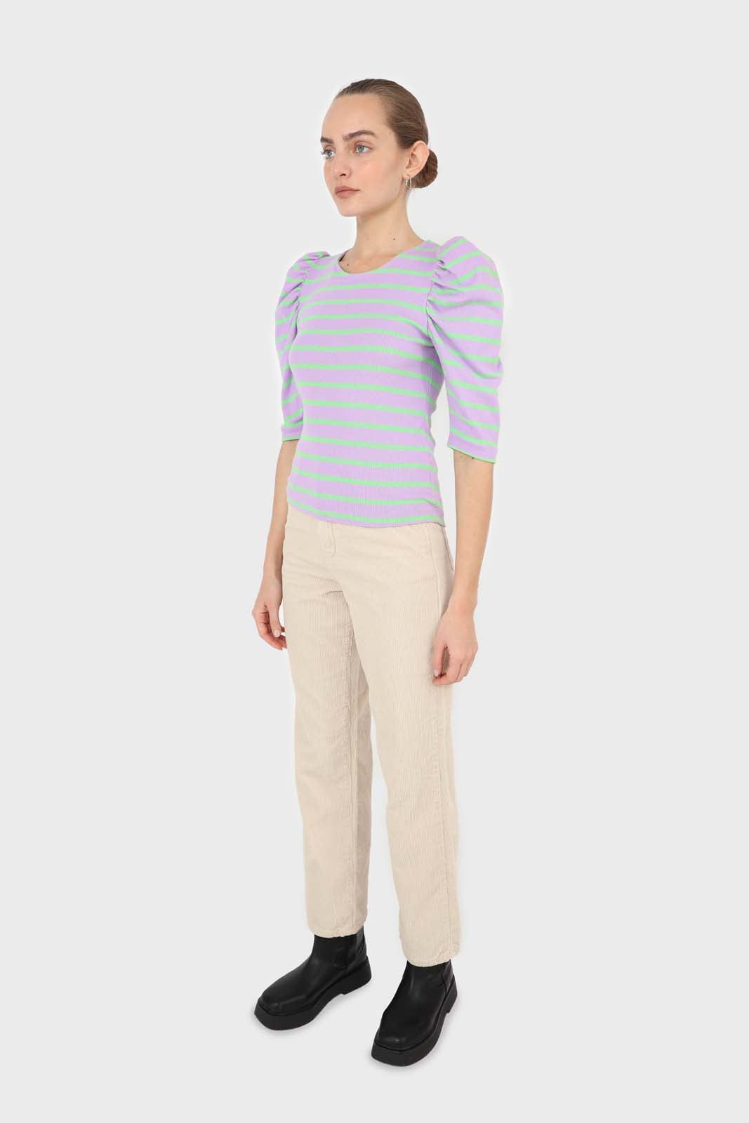 Lilac and mint striped puff 3/4 sleeve top