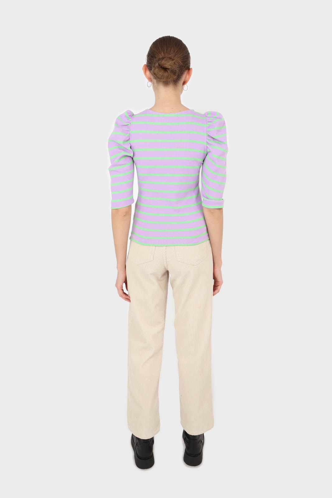 Lilac and mint striped puff 3/4 sleeve top